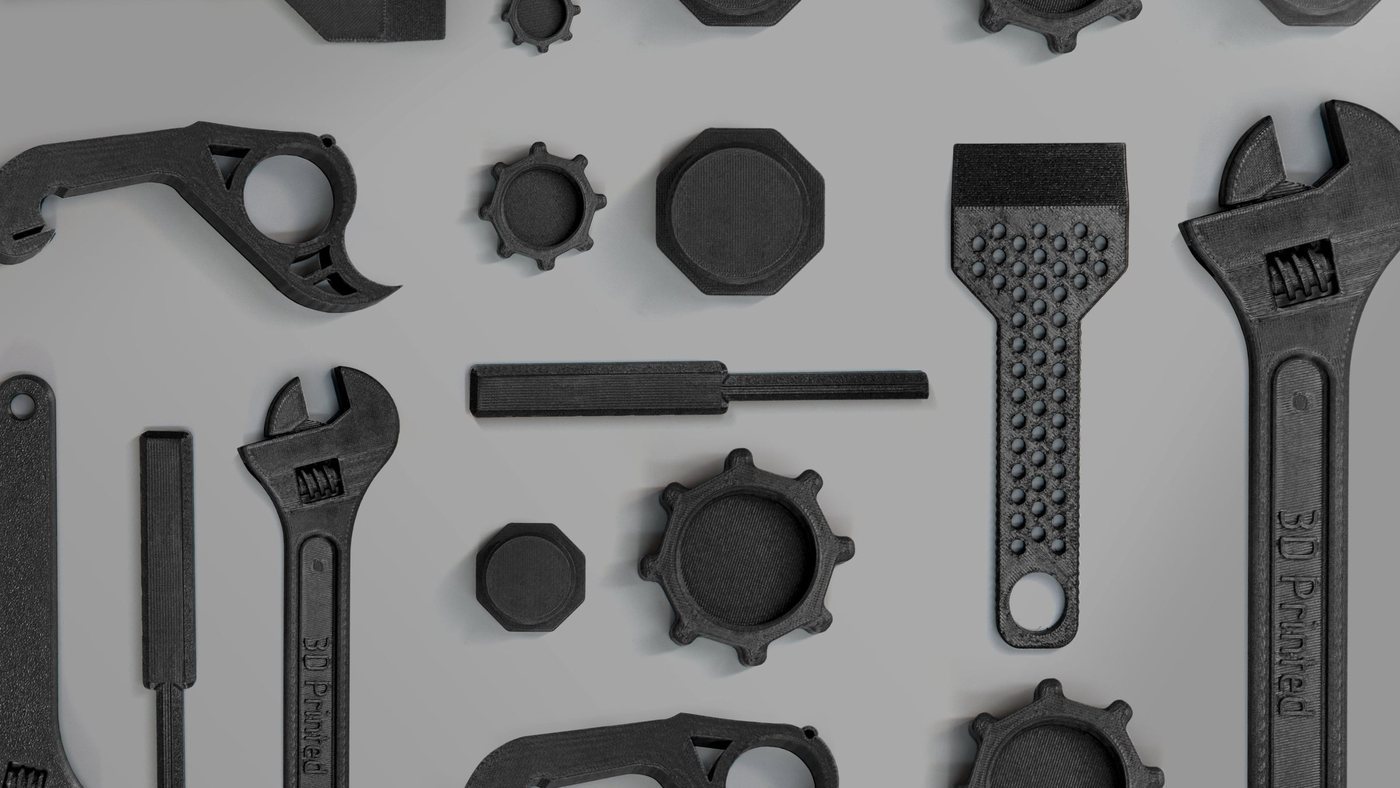 A tool set in PLA-CF, printed in 10 hours (model by Daniel Norée, happymaker)